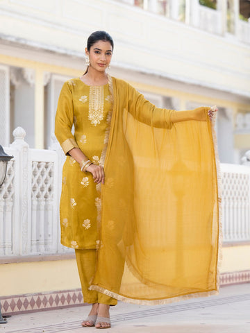 Varanga Women Round Neck Woven Design Kurta Paired With Bottom And Dupatta